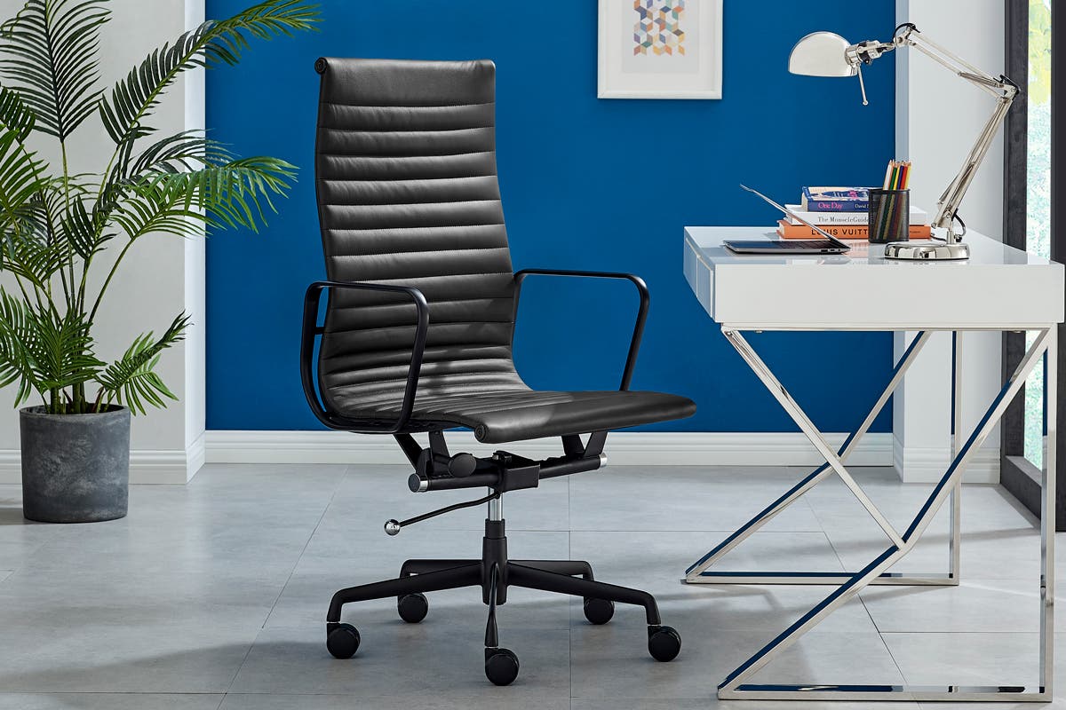 Matt Blatt Eames Group Standard Matte Black Aluminium High Back Office Chair Replica (Black Leather)