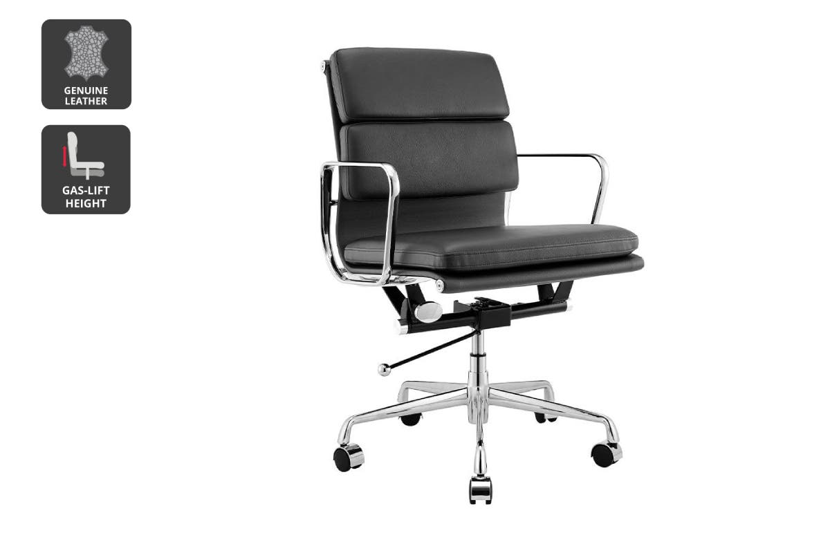 Matt Blatt Eames Group Standard Aluminium Padded Low Back Office Chair Replica (Black Leather)