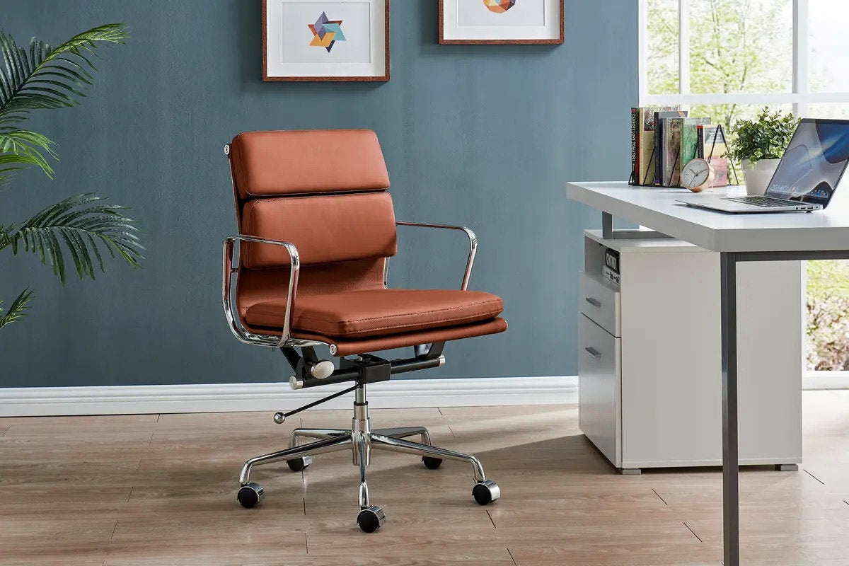 Matt Blatt Eames Group Standard Aluminium Padded Low Back Office Chair Replica - Tan Leather