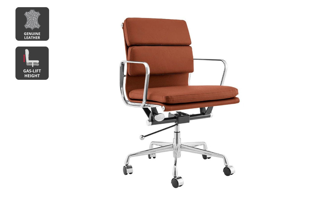 Matt Blatt Eames Group Standard Aluminium Padded Low Back Office Chair Replica - Tan Leather