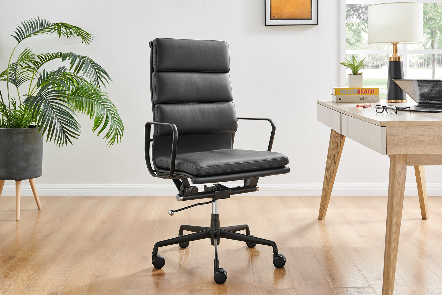 Matt Blatt Eames Group Standard Matte Black Aluminium Padded High Back Office Chair Replica  - Black Leather)