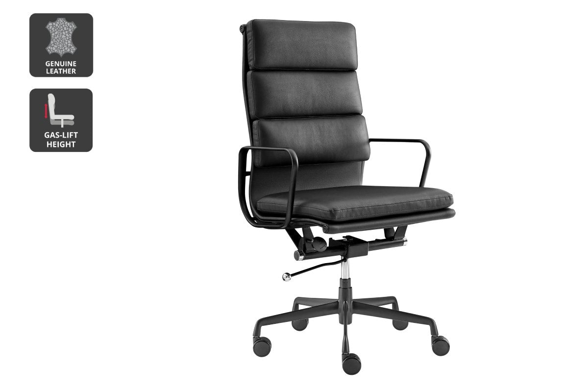 Matt Blatt Eames Group Standard Matte Black Aluminium Padded High Back Office Chair Replica  - Black Leather)