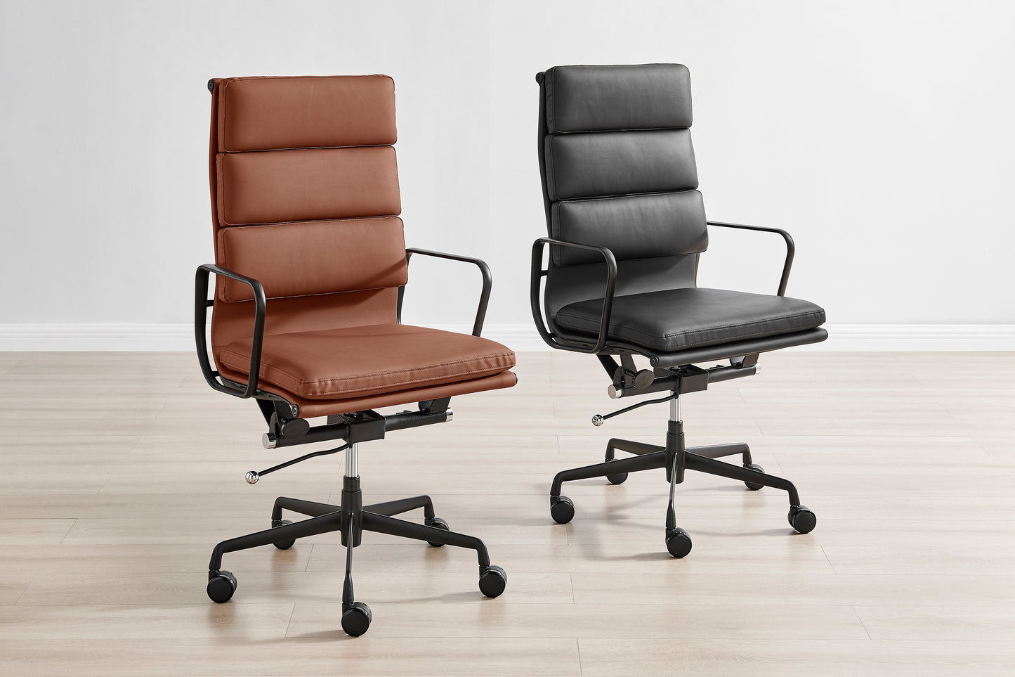 Matt Blatt Eames Group Standard Matte Black Aluminium Padded High Back Office Chair Replica  - Tan Leather)