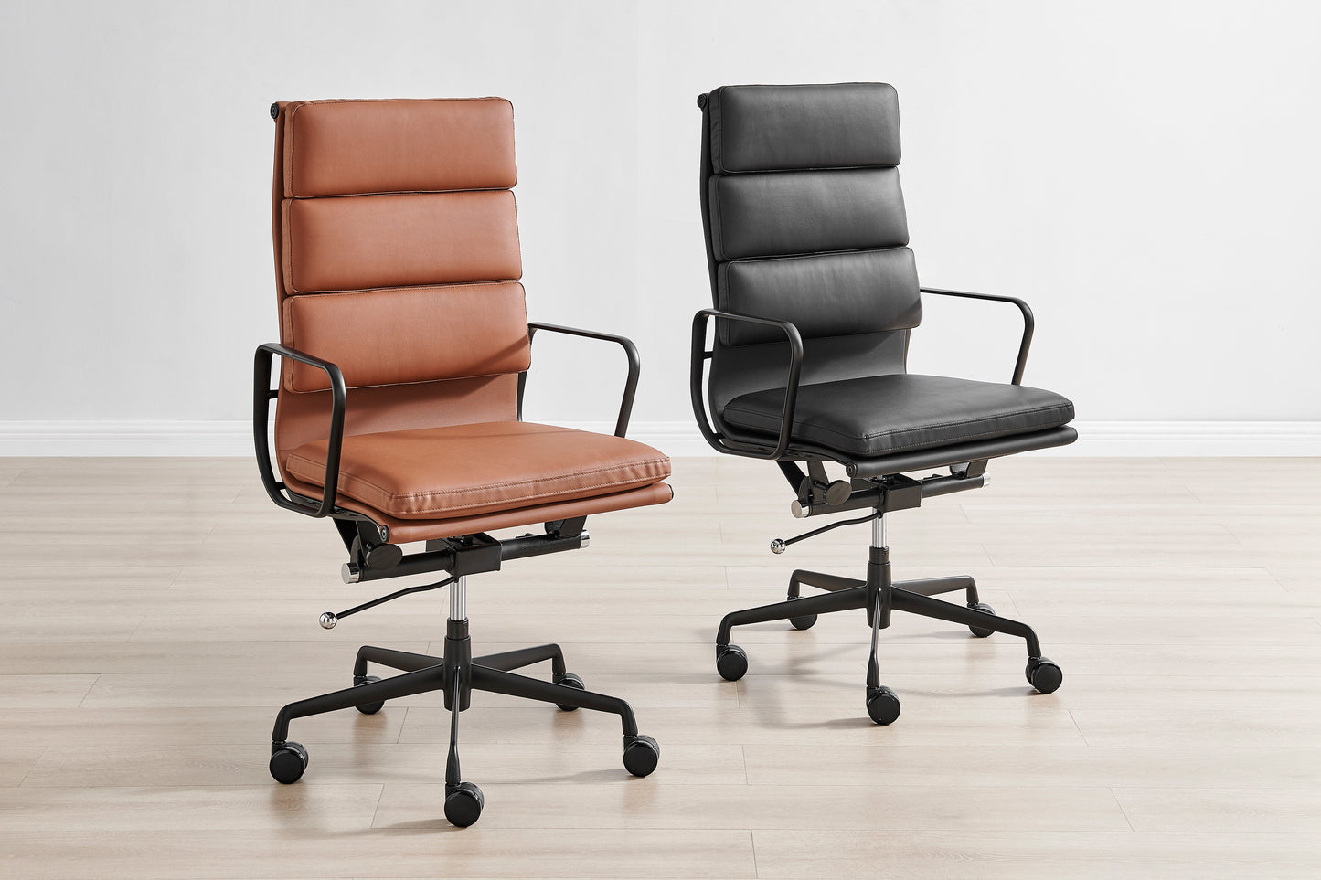 Matt Blatt Eames Group Standard Matte Black Aluminium Padded High Back Office Chair Replica  - Black Leather)