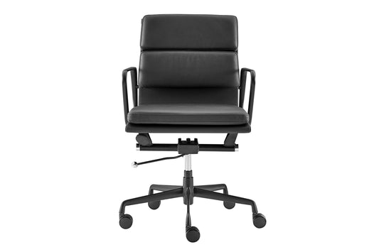 Matt Blatt Eames Group Standard Matte Black Aluminium Padded Low Back Office Chair Replica  - Black Leather)