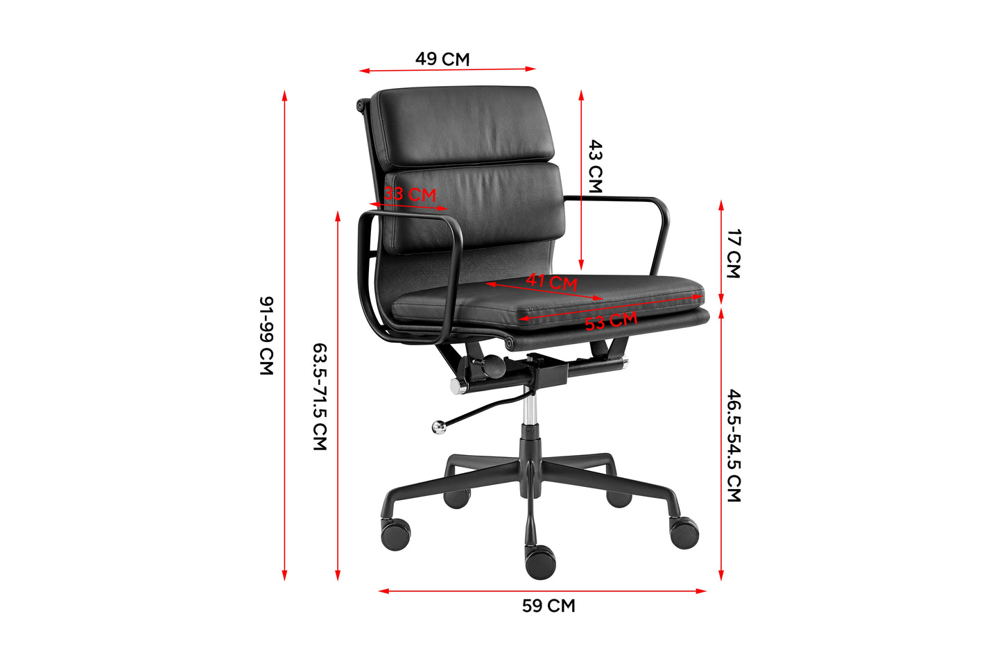 Matt Blatt Eames Group Standard Matte Black Aluminium Padded Low Back Office Chair Replica  - Black Leather)