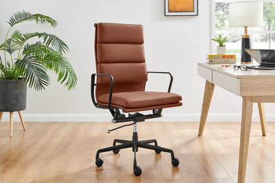Matt Blatt Eames Premium  High Back Soft Pad Office Chair Genuine Leather - Tan/Black