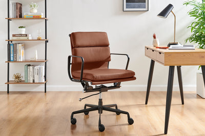 Matt Blatt Eames Premium Low Back Soft Pad Office Chair Genuine Leather - Tan/Black