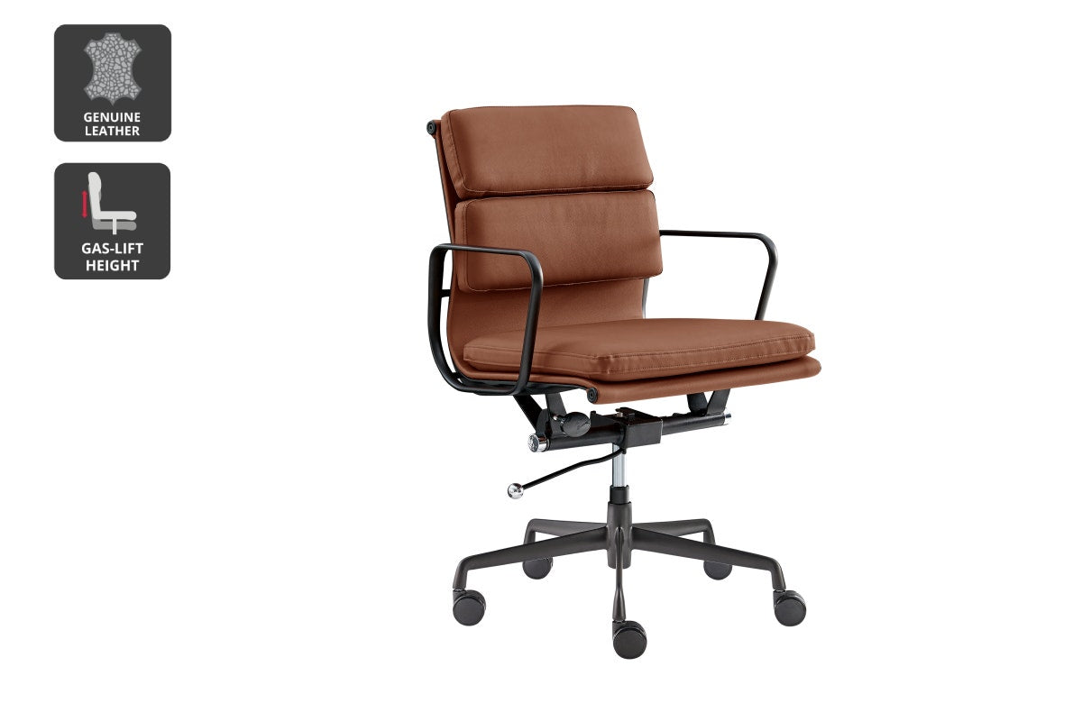 Matt Blatt Eames Group Standard Matte Black Aluminium Padded Low Back Office Chair Replica  - Tan Leather)