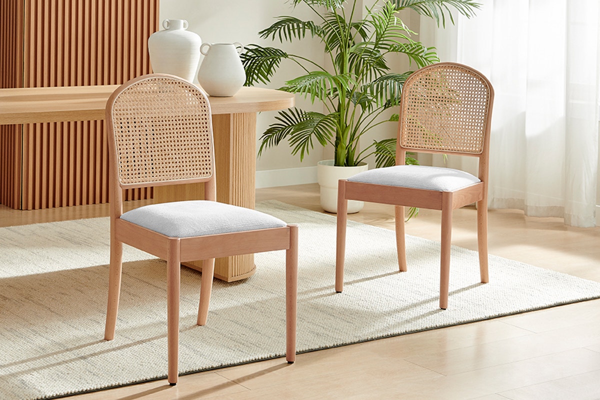 Set of 2 Matt Blatt Louie Rattan and Beech Wood Dining Chairs (White/Natural)