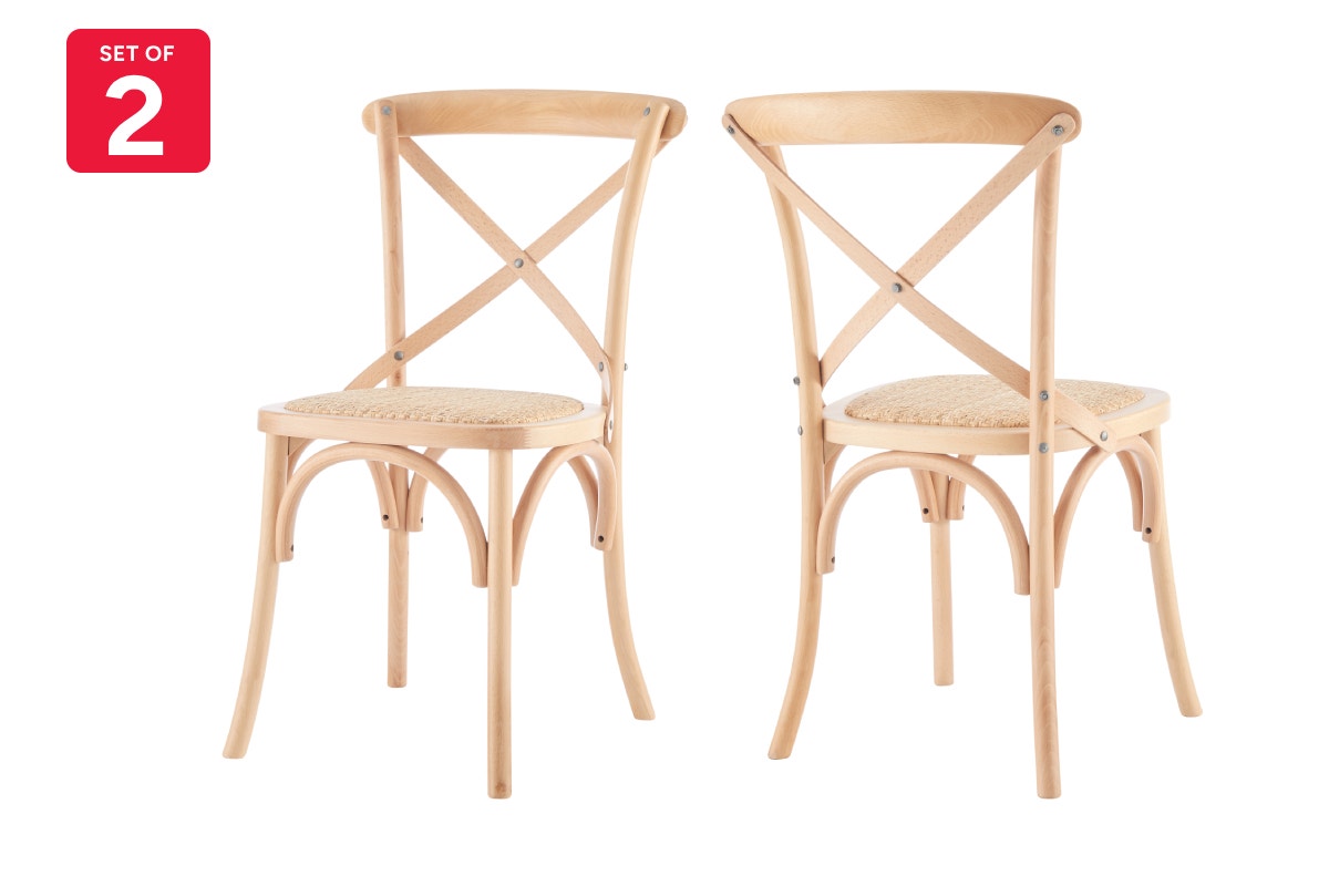 Matt Blatt Set of 2 Melrose Cross Back Chairs (Natural Beech/Rattan Seat)