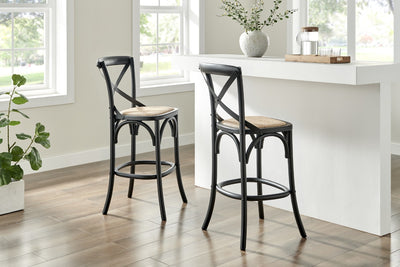Matt Blatt Melrose Cross Back Counter Stool - Black Birch - Rattan Seat