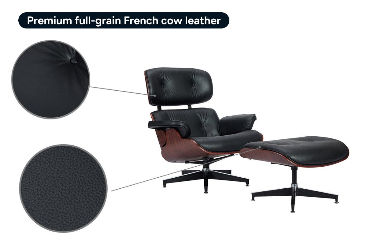 Matt Blatt Eames Premium Replica Leather Lounge Chair and Ottoman - Black Leather/Rosewood