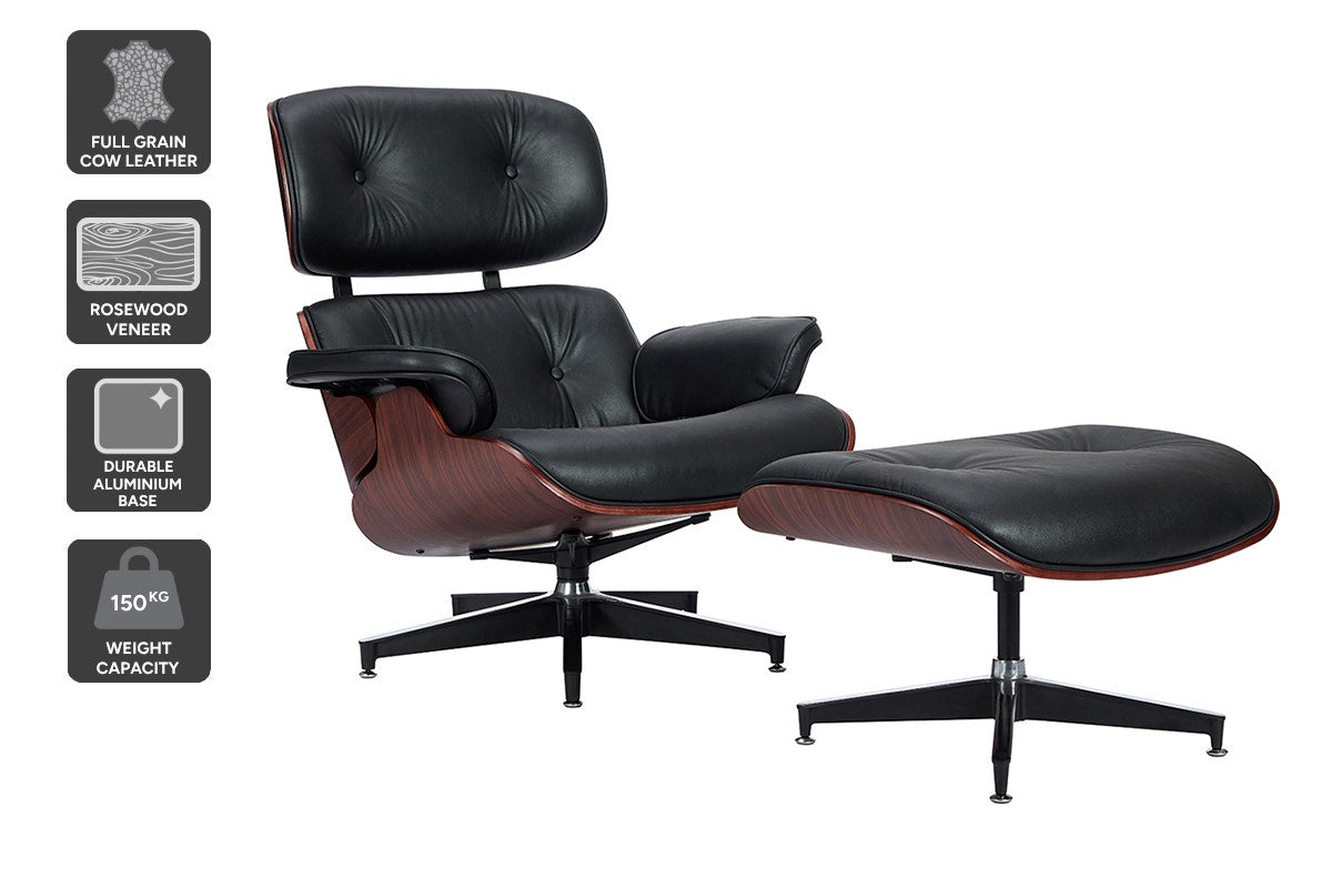 Matt Blatt Eames Premium Replica Leather Lounge Chair and Ottoman - Black Leather/Rosewood