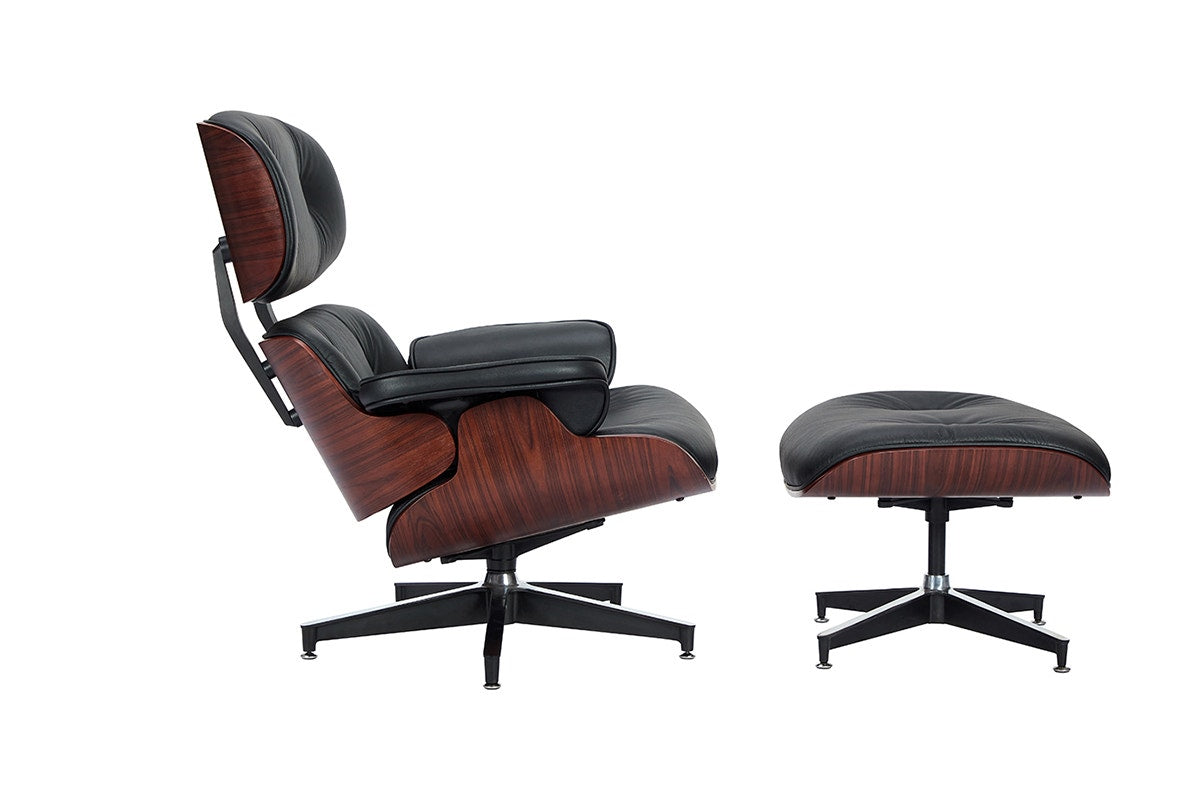 Matt Blatt Eames Premium Replica Leather Lounge Chair and Ottoman - Black Leather/Rosewood