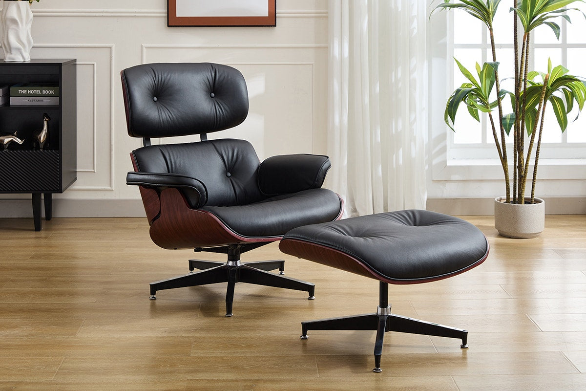 Matt Blatt Eames Premium Replica Leather Lounge Chair and Ottoman - Black Leather/Rosewood