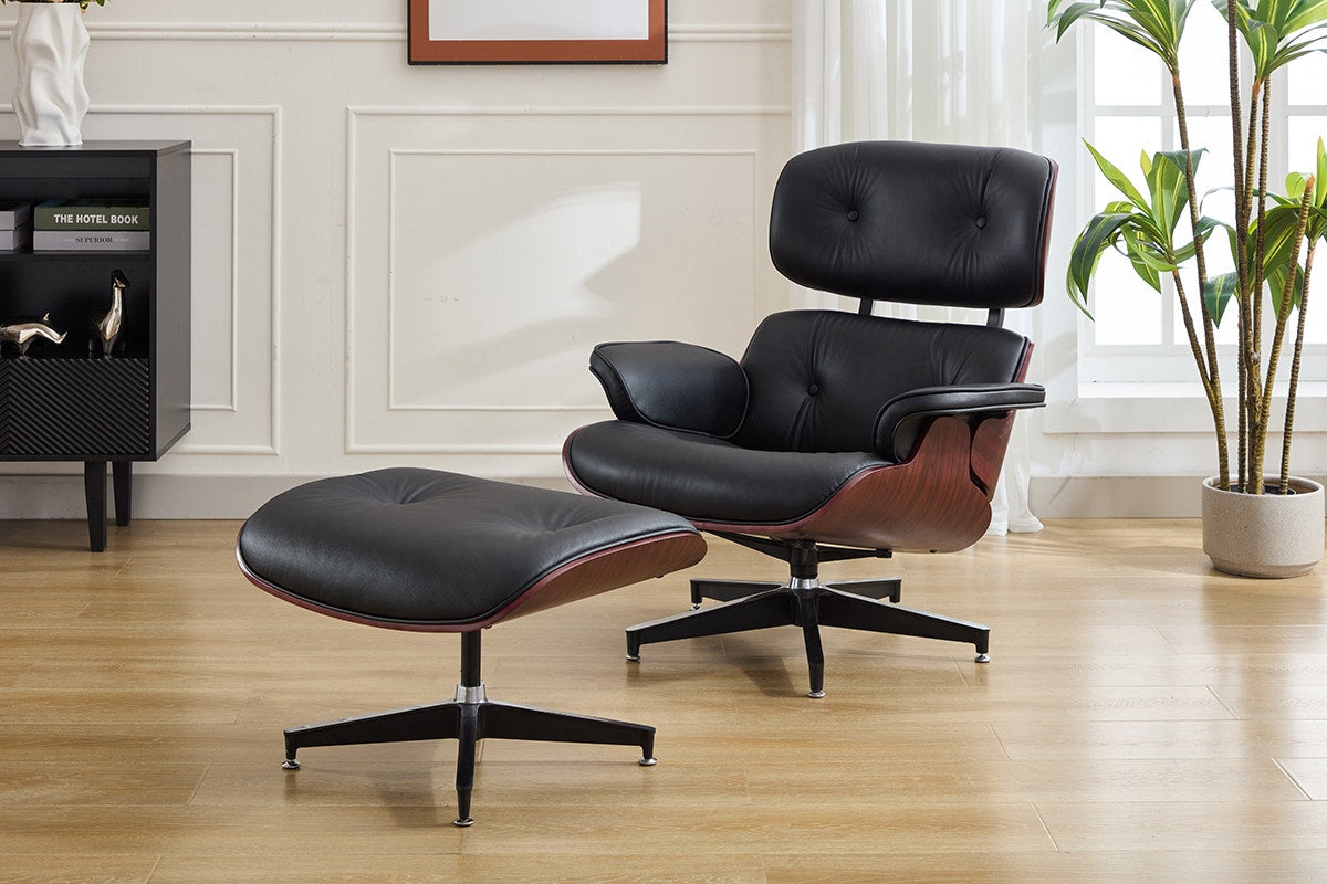 Matt Blatt Eames Premium Replica Leather Lounge Chair and Ottoman - Black Leather/Rosewood