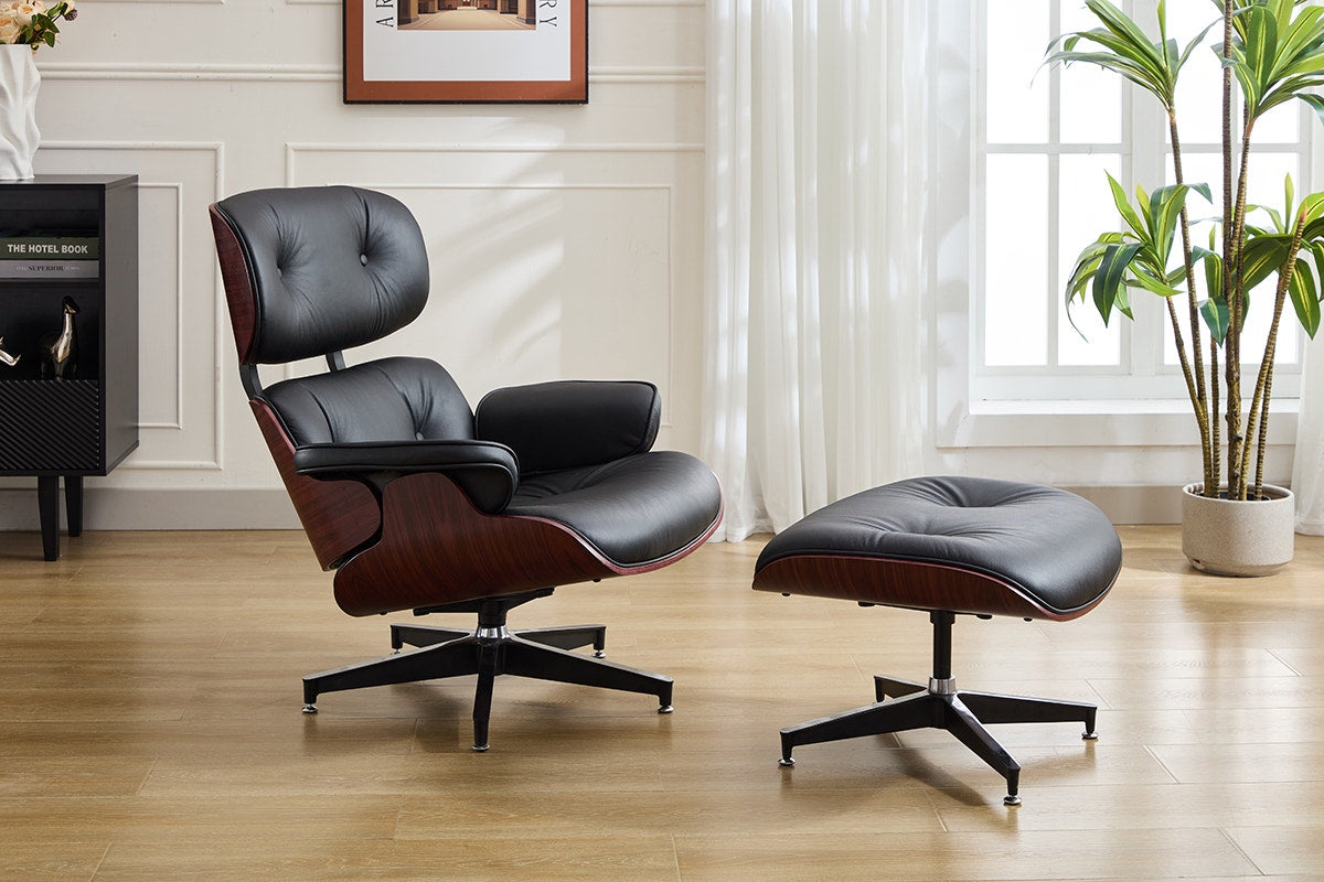 Matt Blatt Eames Premium Replica Leather Lounge Chair and Ottoman - Black Leather/Rosewood