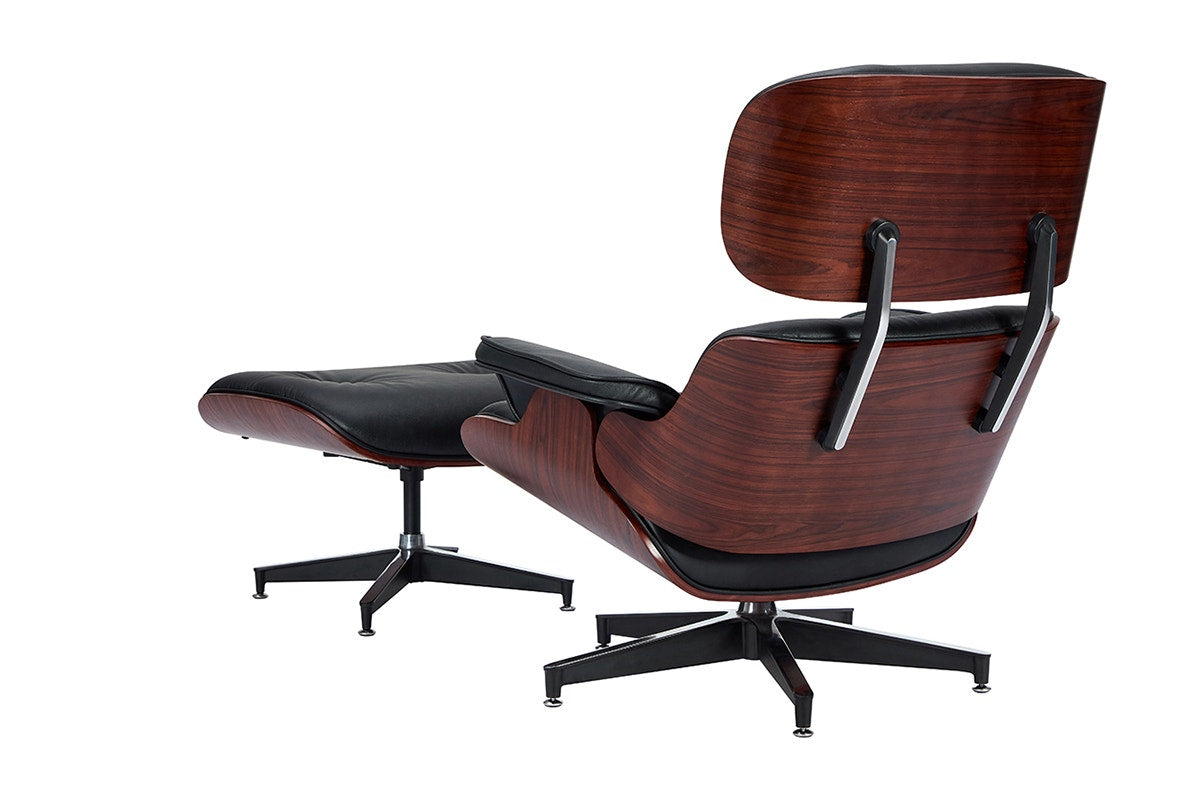 Matt Blatt Eames Premium Replica Leather Lounge Chair and Ottoman - Black Leather/Rosewood