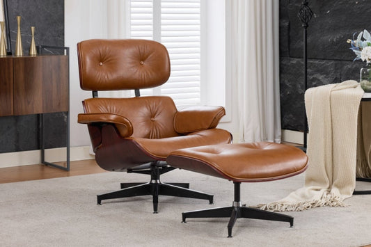 Matt Blatt Eames Premium Replica Leather Lounge Chair and Ottoman (Tan Leather/Rosewood) - Auzzistore