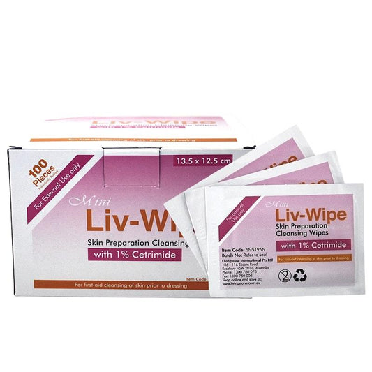 Liv-Wipe Antiseptic Cleansing Wipes with 1% Cetrimide - 100 Pack