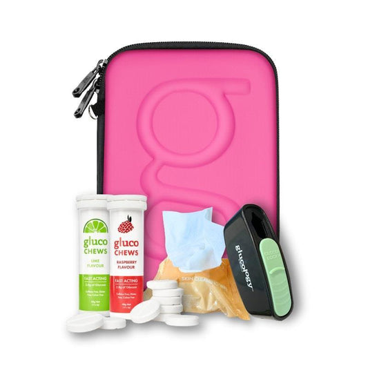 Glucology Pink Classic Care Bundle: Medical Case, Fast Acting Glucochews, Sharps Bin & Wipes