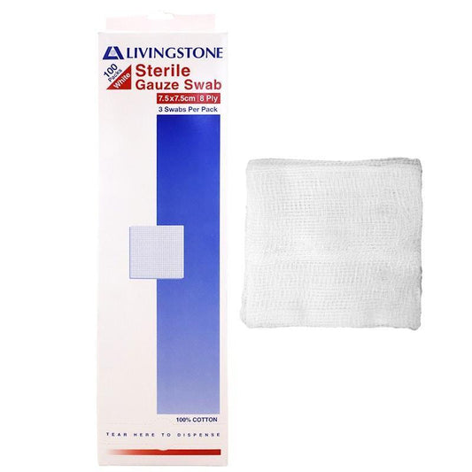 Livingstone Sterile Gauze Swabs - 100 Pieces (8 Ply, 7.5 x 7.5cm) - Auzzistore