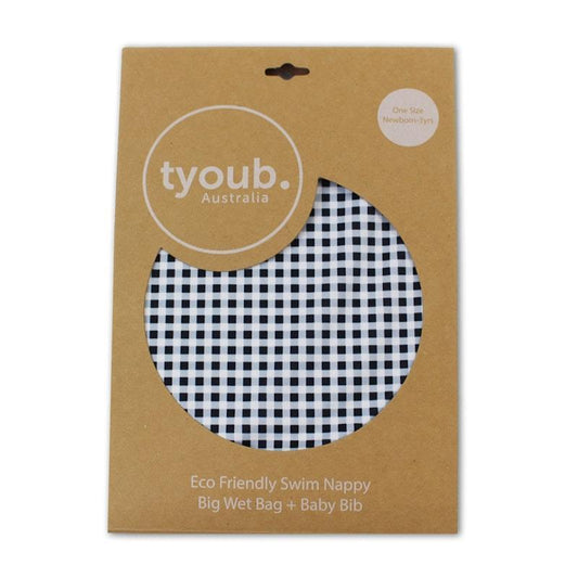 tyoub On The Go Gift Set - Reusable Swim Nappy, Wet Bag & Baby Bib - Black Check (One Size)