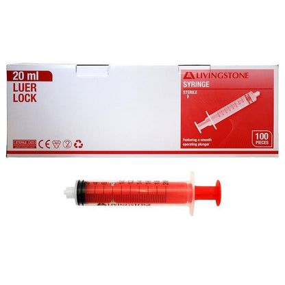 Livingstone Sterile Luer Lock Syringe - Red Plunger (20mL, 100 Pieces/Box)-Auzzi Store