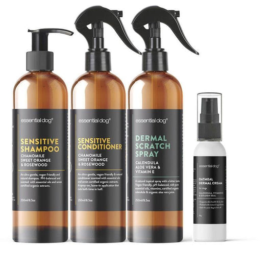 Essential Dog Sensitive Skin Care Pack - Shampoo, Conditioner, Dermal Scratch Spray & Cream 3x250ml, 1x60g