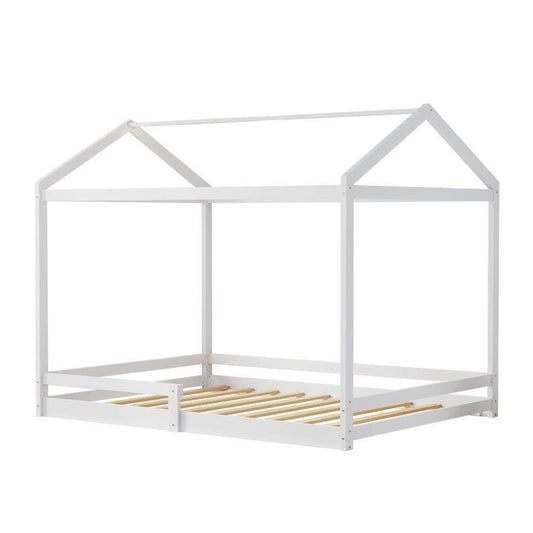 Oikiture Kids Wooden Bed Frame Timber House Beds Base with Fence Double White-Auzzi Store