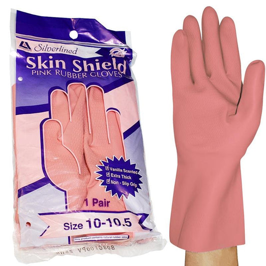 Skin Shield Silver Lined Natural Rubber Gloves - Vanilla Scented, Pink, Size 10-10.5