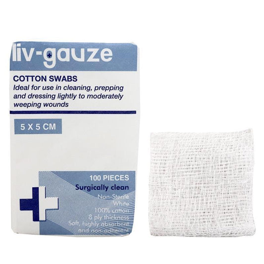 Livingstone 8 Ply Cotton Gauze Swabs - Non-Sterile 5x5cm (100 Pieces)