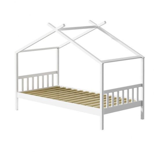 Oikiture Kids Bed Frame - Wooden Base Single Timber House Beds (White)