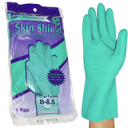Skin Shield Silver Lined Natural Rubber Gloves - Vanilla Scented, Green, Size 8-8.5