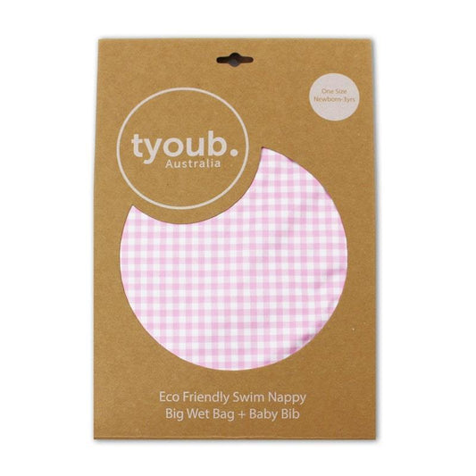 tyoub On The Go Gift Set - Reusable Swim Nappy, Wet Bag & Baby Bib - Pink Check (One Size)