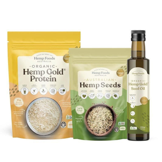 Hemp Foods Australia Hemp Intro Bundle - 200g Hulled Hemp Seeds, 450g Organic Hemp Gold® Protein Powder & 250ml Organic Hemp Gold® Seed Oil - Auzzistore