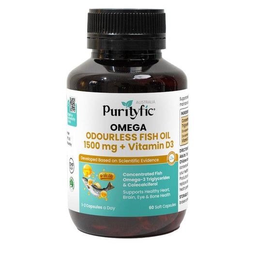 Purityfic Omega Odourless Fish Oil + Vitamin D3 - 60 Soft Capsules - Auzzistore