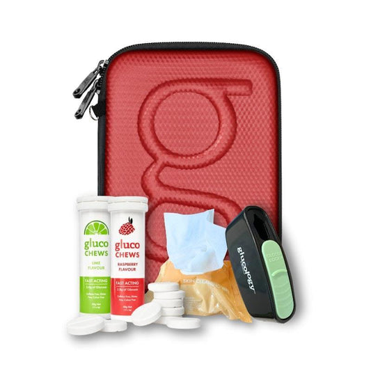 Glucology Red Classic Care Bundle: Medical Case, Fast Acting Glucochews, Sharps Bin & Wipes