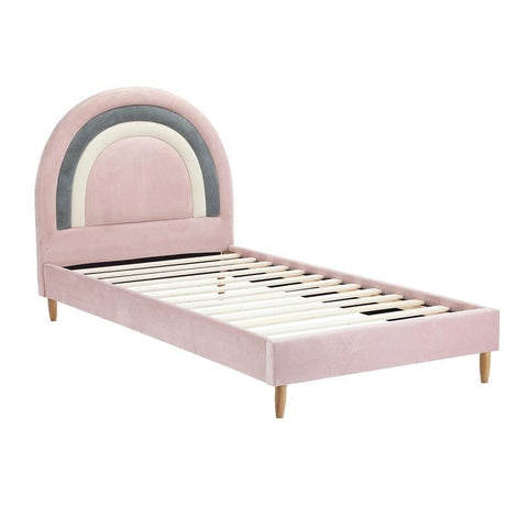 Oikiture Rainbow Kids Bed Frame - Single Size Velvet Pink - Auzzistore