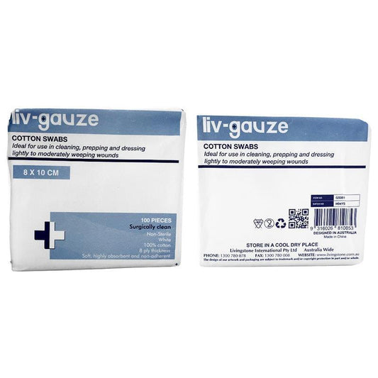 Livingstone 8 Ply Cotton Gauze Swabs - Non-Sterile 8x10cm (100 Pieces)