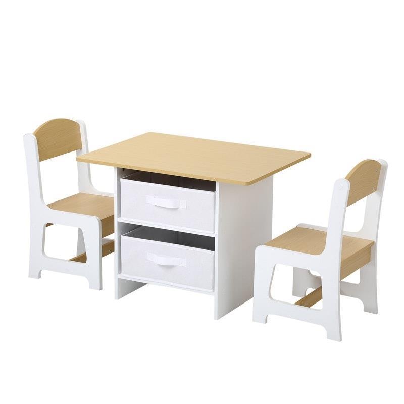 Oikiture Kids Table and Chairs Set - Wooden Play Study Desk with Toy Storage Box (White & Wooden)-Auzzi Store