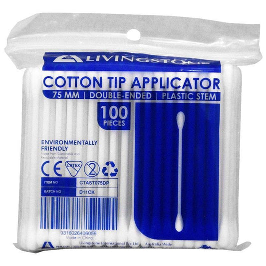 Livingstone Cotton Tip Applicator - Double Tipped Plastic Stem, 7.5cm, 100 Pieces/Pack - Auzzistore