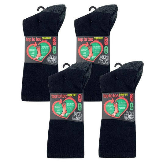 Jack of All Trades 12 Pairs of Men's Top to Toe Comfort Socks - Black Size 6-10-Auzzi Store