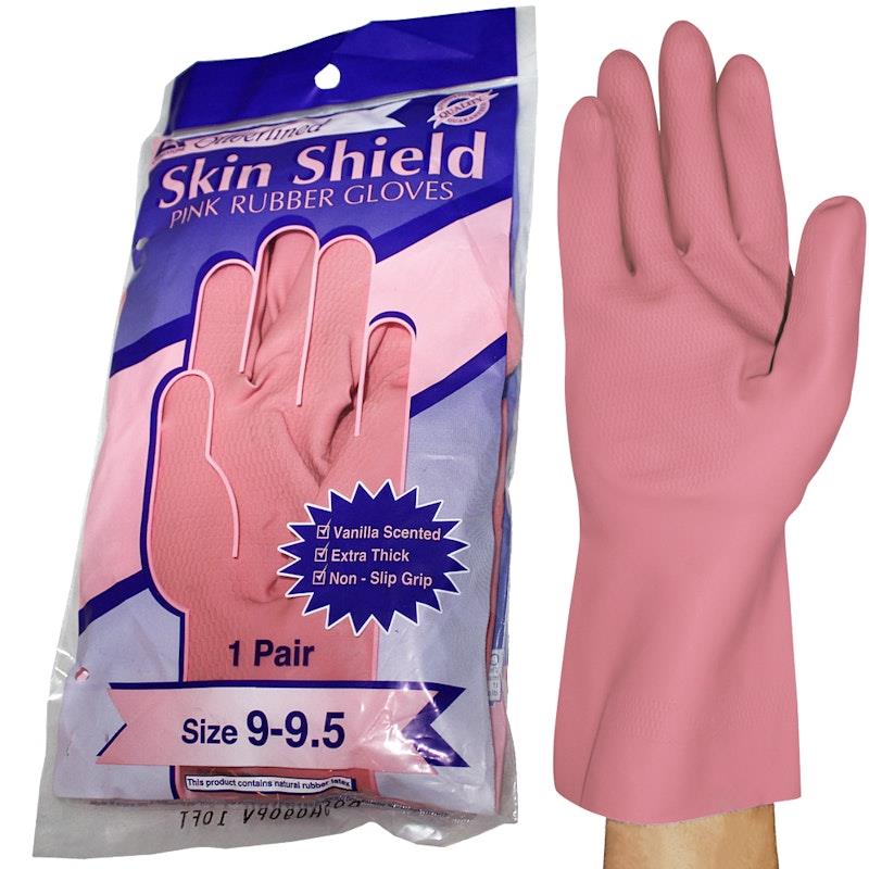 Skin Shield Silver Lined Natural Rubber Gloves - Vanilla Scented, Pink, Size 9-9.5