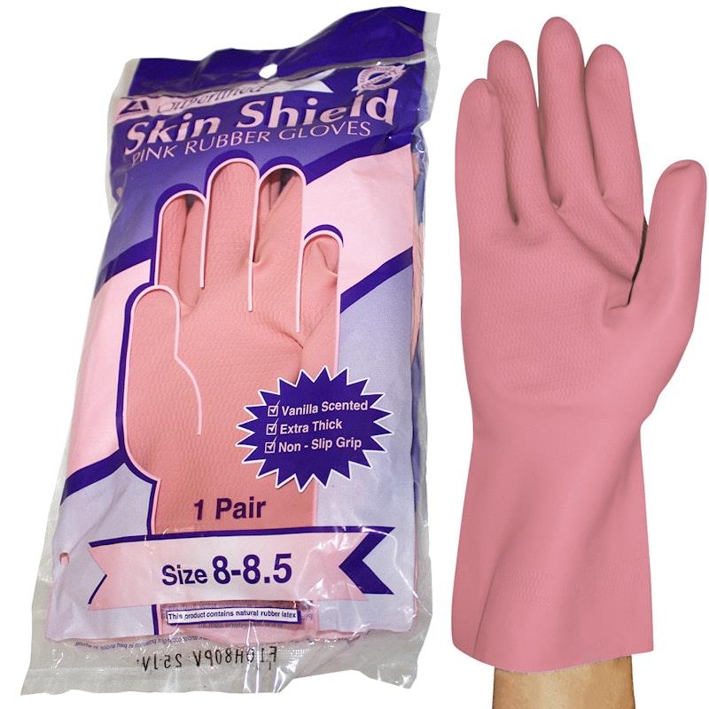 Skin Shield Silver Lined Natural Rubber Gloves - Vanilla Scented, Pink, Size 8-8.5