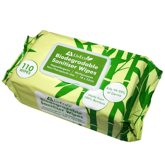 LivEco Sanitiser Disinfectant Bamboo Natural Wipes - 110 Wipes (4 Pack)