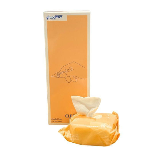 Glucology Alcohol-Free Finger Cleaning Wipes - 5 Packs of 20 Wipes