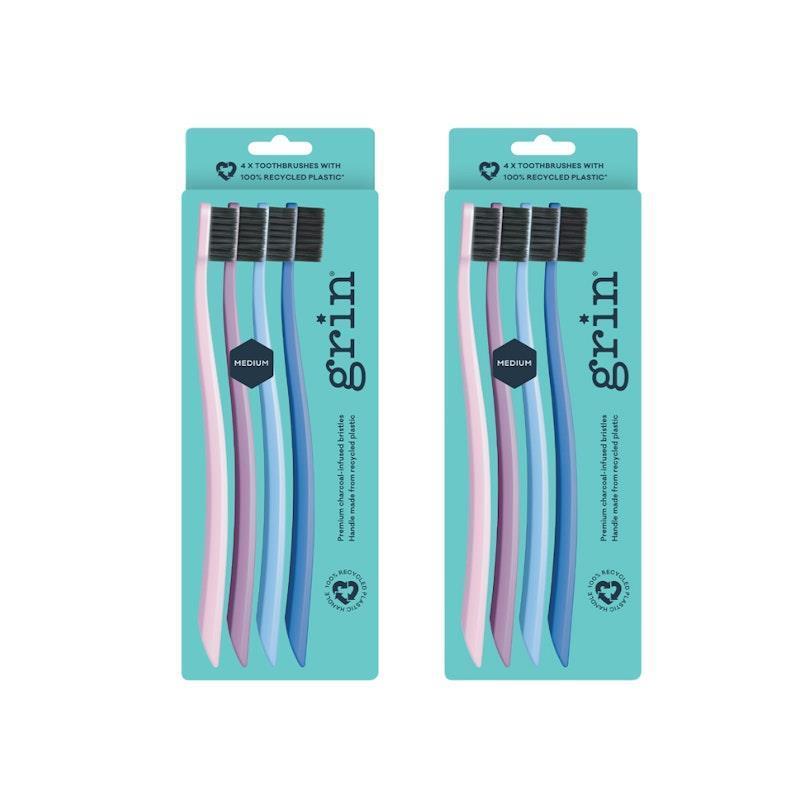 Grin 100% Recycled Charcoal-Infused Toothbrush - 4 Pack Purple (Medium)