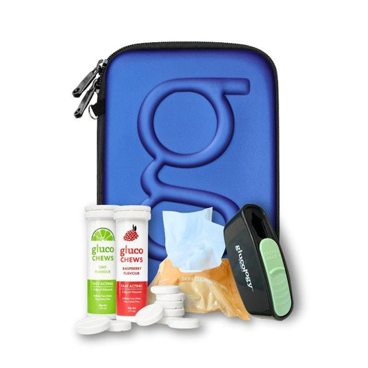 Glucology Blue Classic Care Bundle: Medical Case, Fast Acting Glucochews, Sharps Bin & Alcohol-Free Wipes
